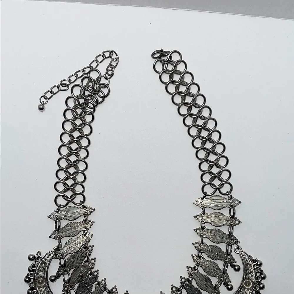 Silver Tone Statement Necklace with rhinestones and dangling beads - Picture 9 of 11